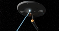 USS Saladin fires her forward phaser bank at a planetary target during her shakedown/systems tests